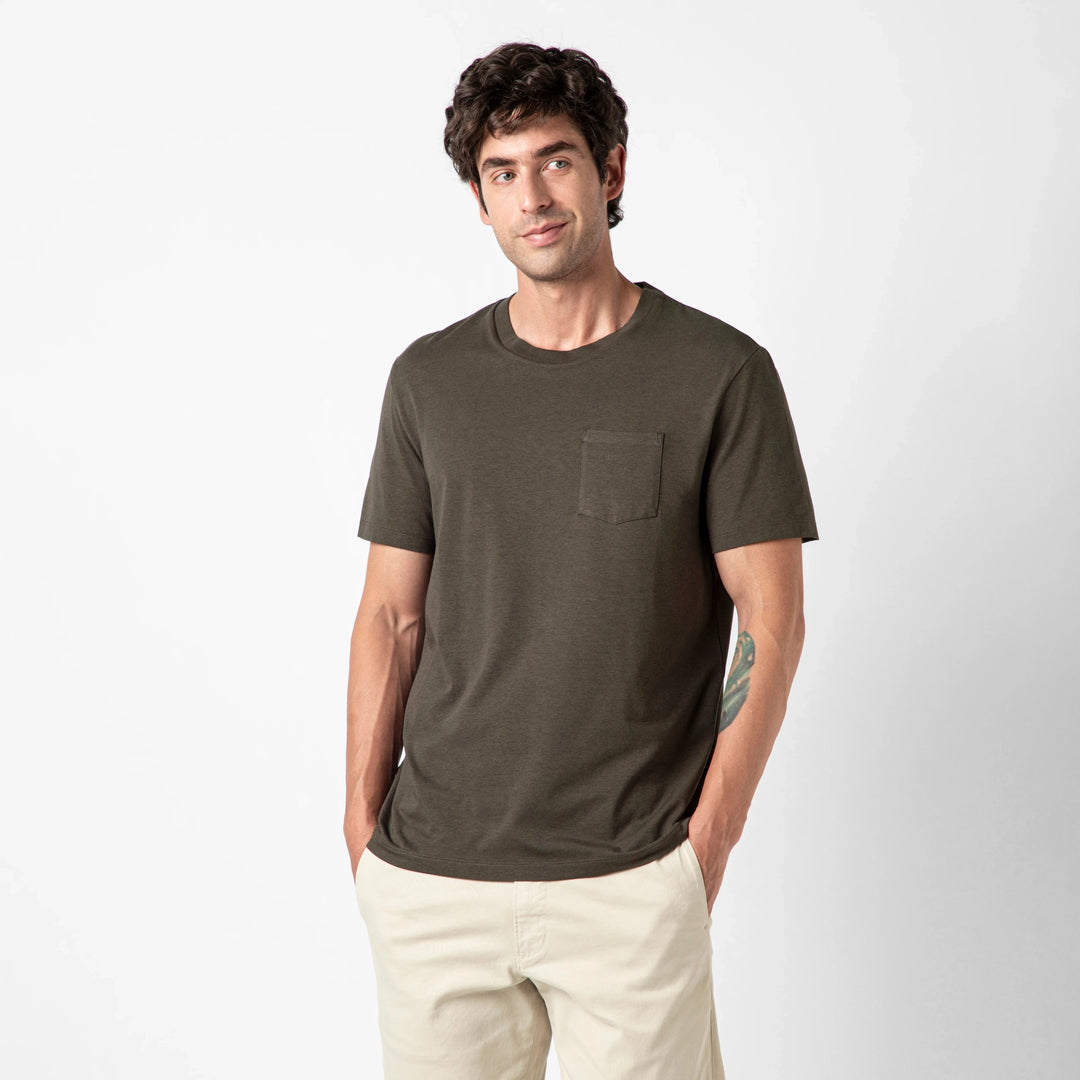 Bamboo Pocket Tee Shadow front on model