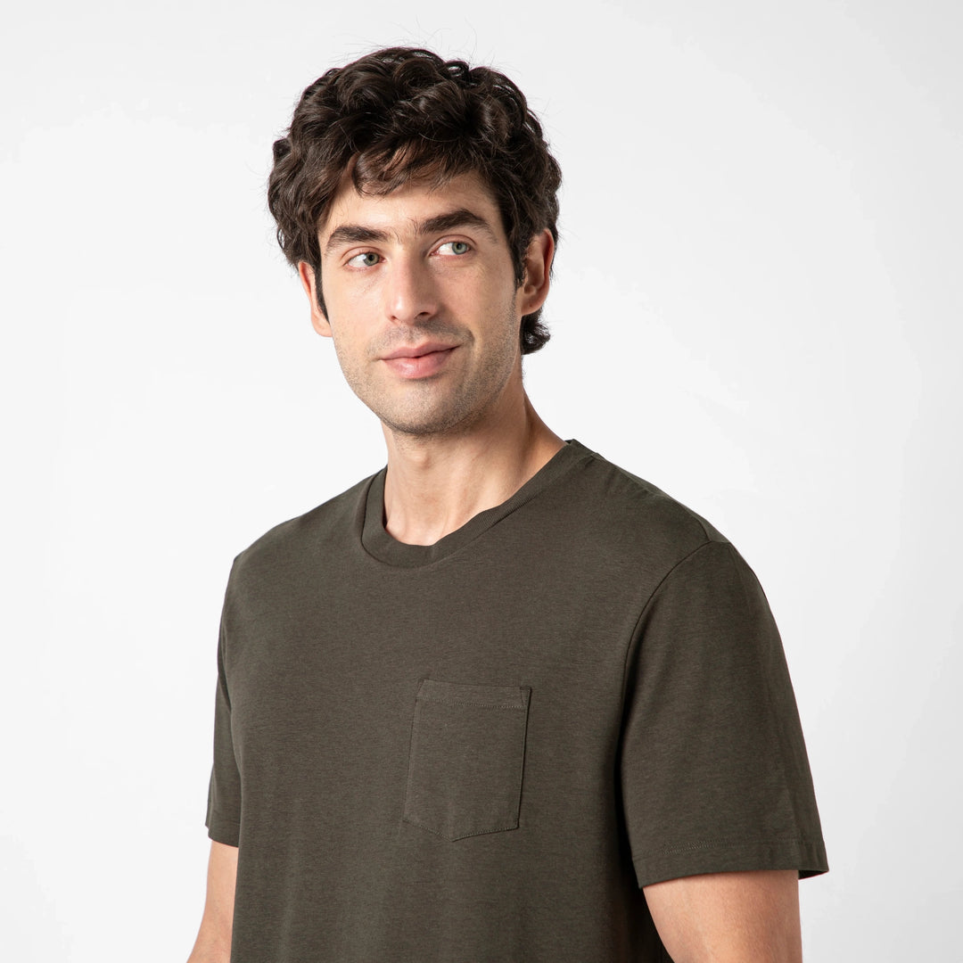 Bamboo Pocket Tee Shadow close up on model