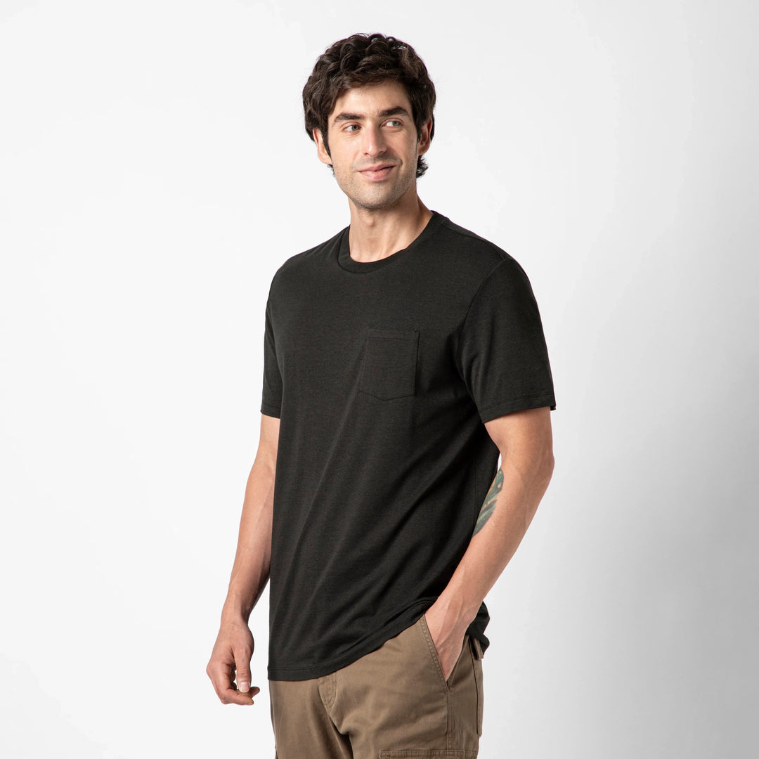 Bamboo Pocket Tee Black side on model
