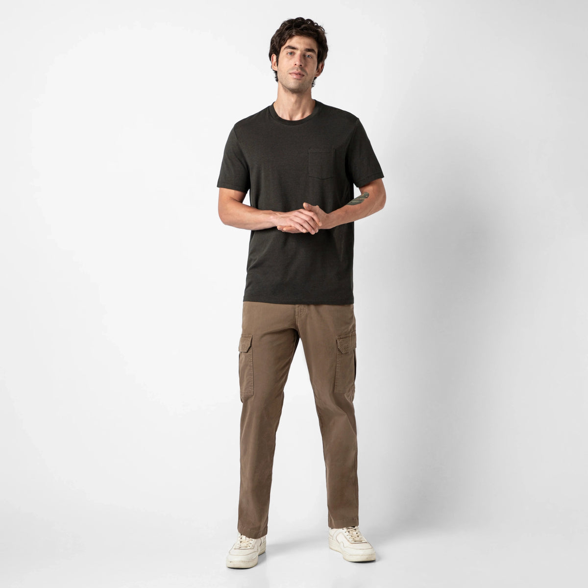 Bamboo Pocket Tee Black full body on model
