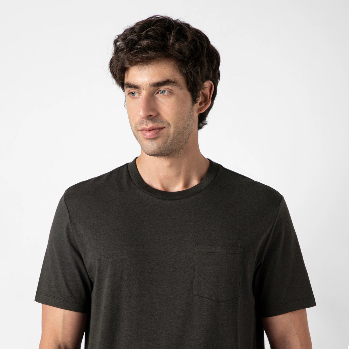 Bamboo Pocket Tee Black close up on model