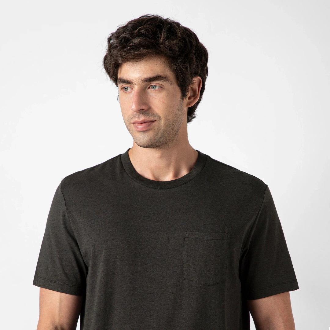 Bamboo Pocket Tee Black close up on model