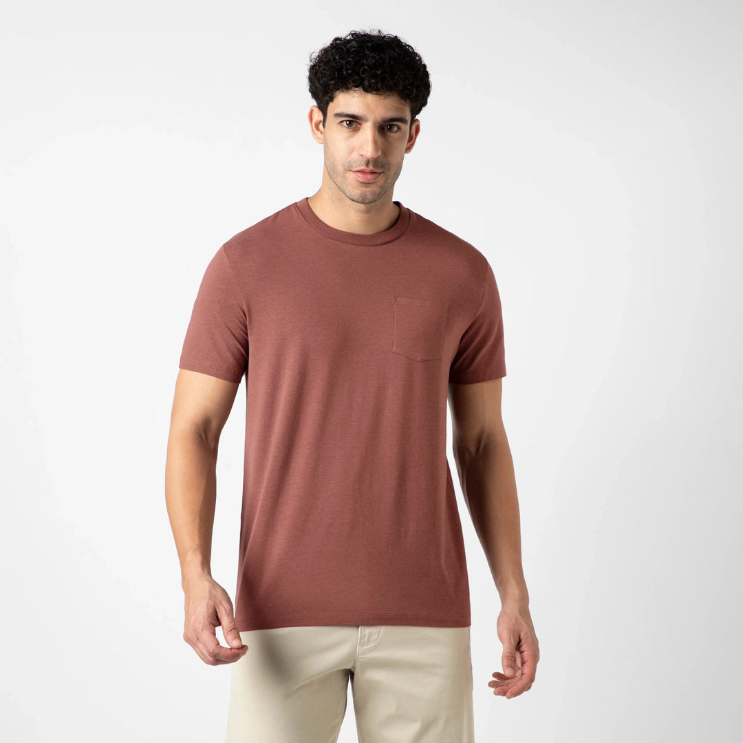 Bamboo Pocket Tee Deep Mauve front on model