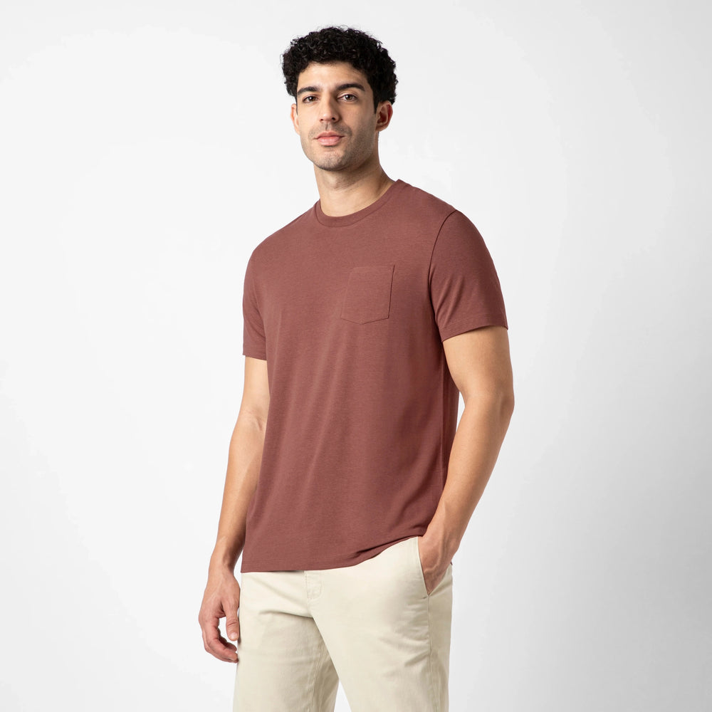 Bamboo Pocket Tee Deep Mauve side on model