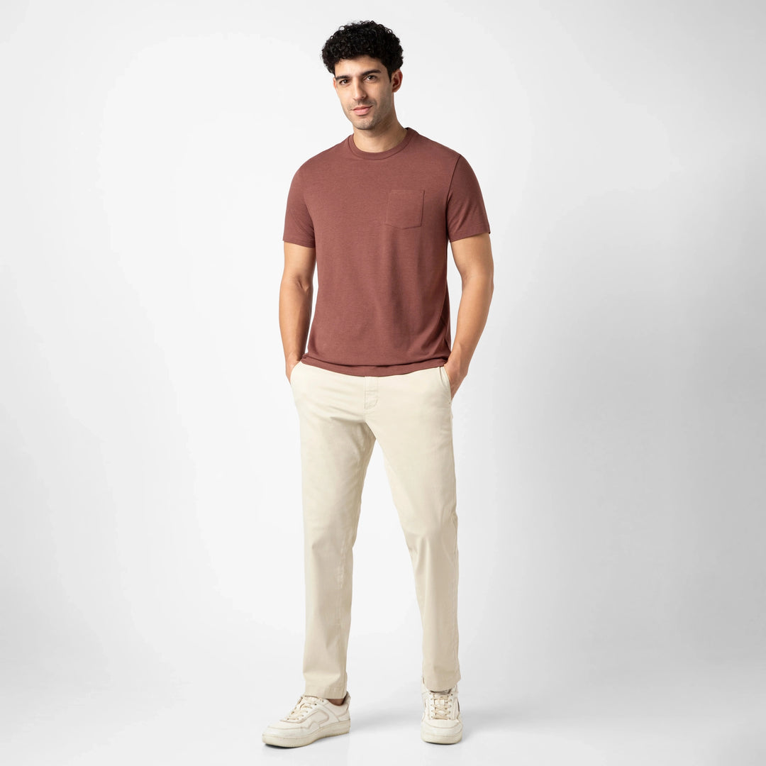 Bamboo Pocket Tee Deep Mauve full body on model