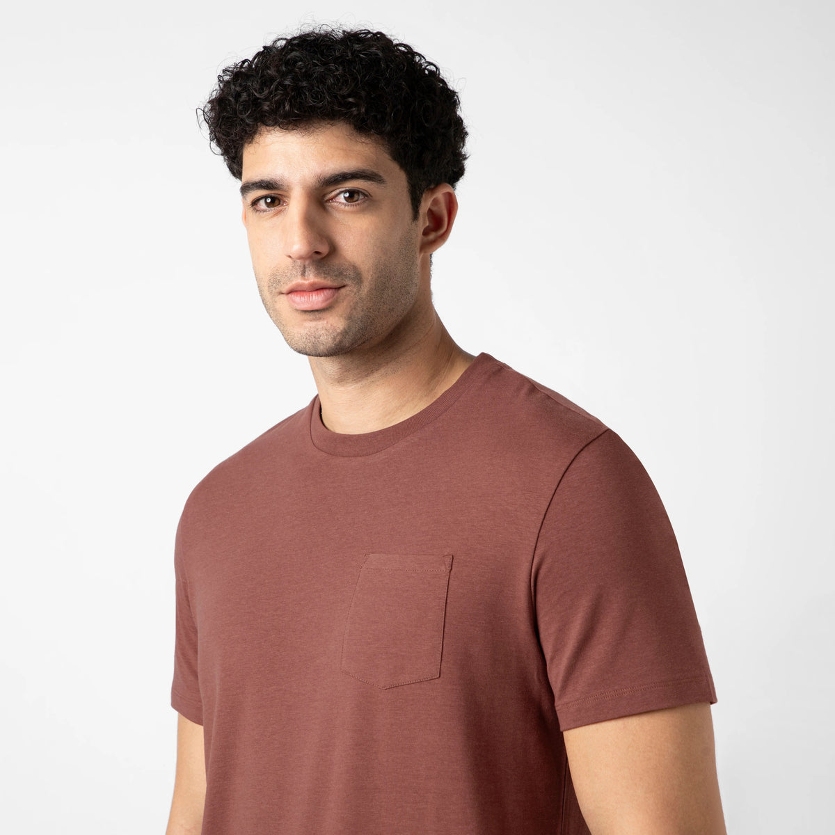 Bamboo Pocket Tee Deep Mauve close up on model