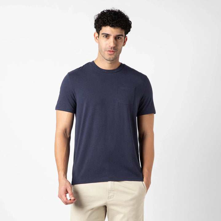 Bamboo Pocket Tee Navy front on model
