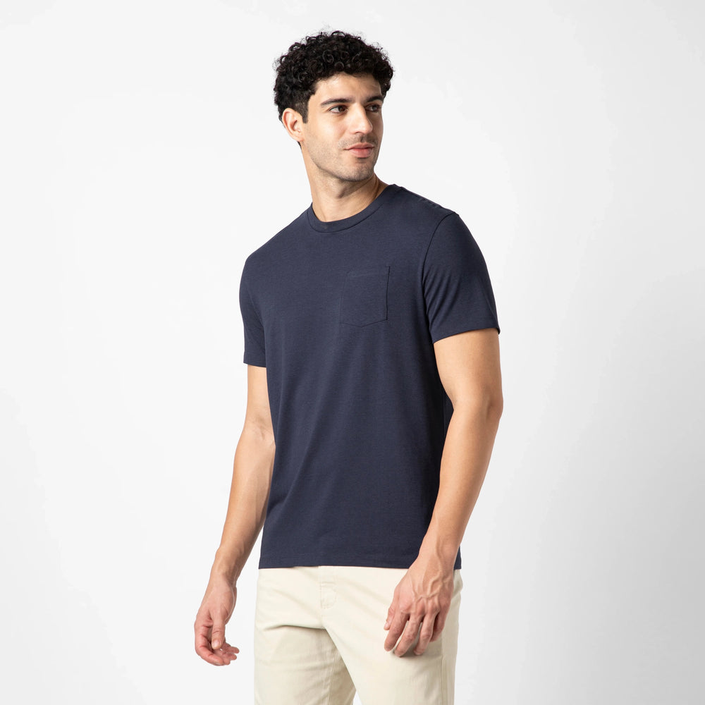 Bamboo Pocket Tee Navy side on model