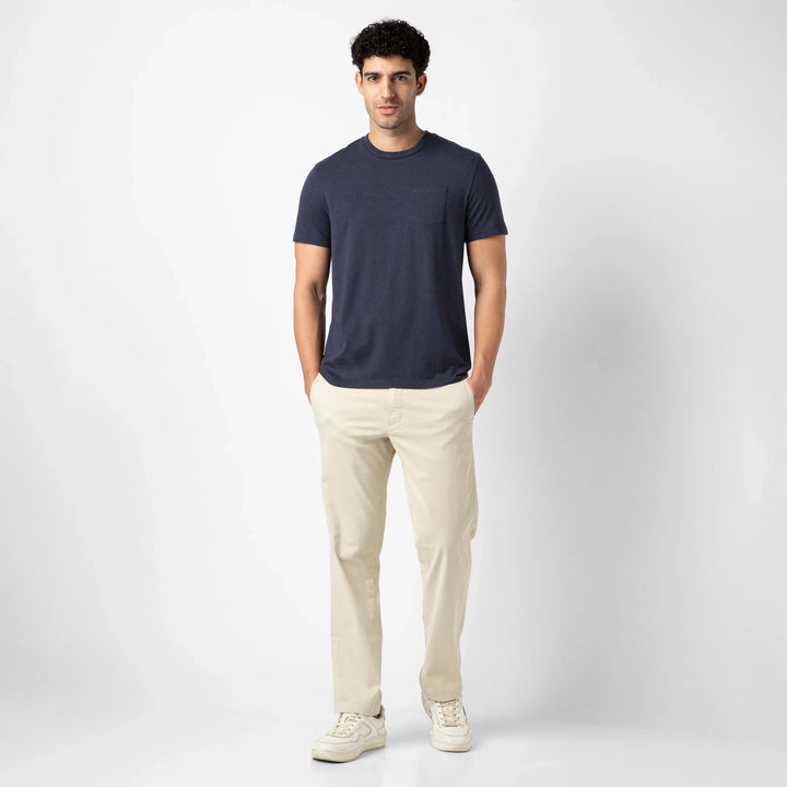 Bamboo Pocket Tee Navy full body on model