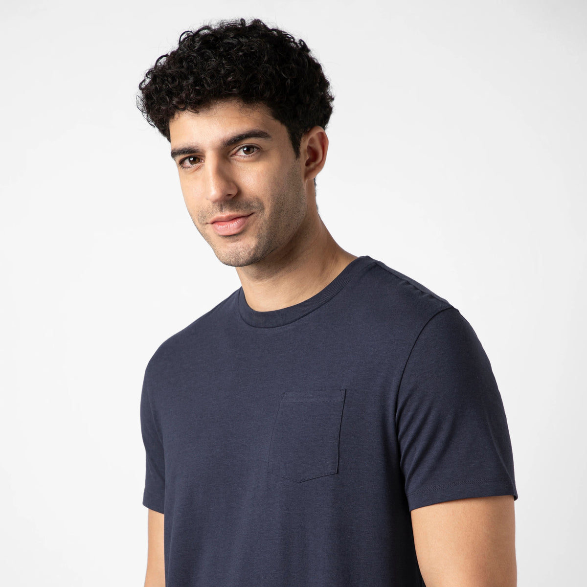 Bamboo Pocket Tee Navy close up on model