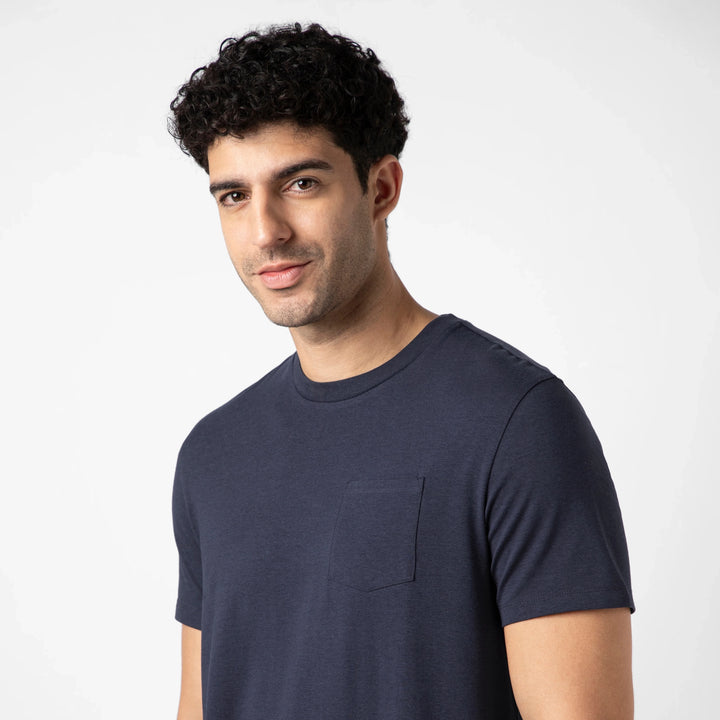 Bamboo Pocket Tee Navy close up on model