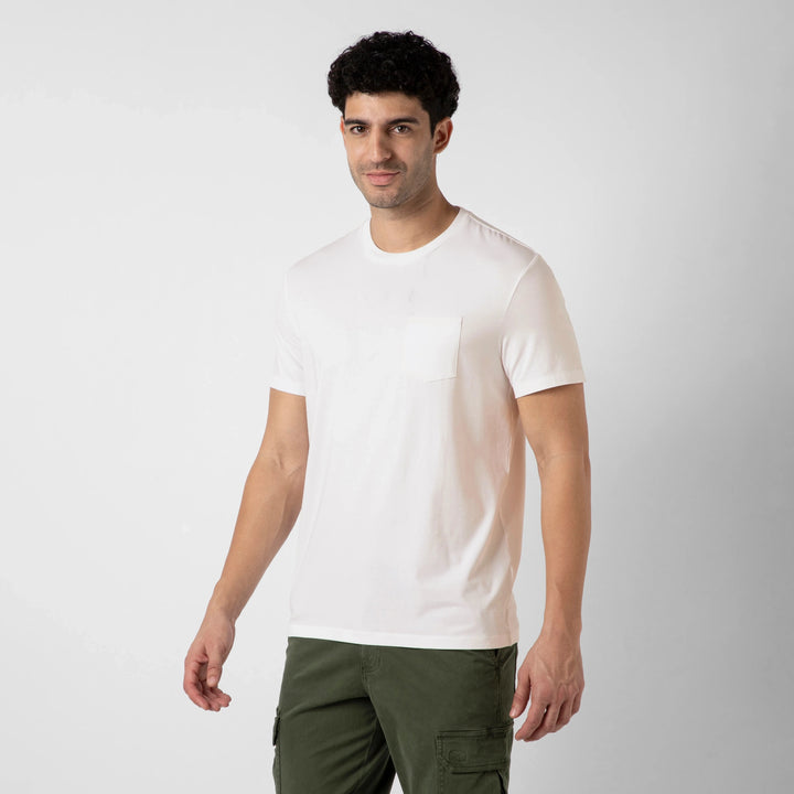 Bamboo Pocket Tee White side on model