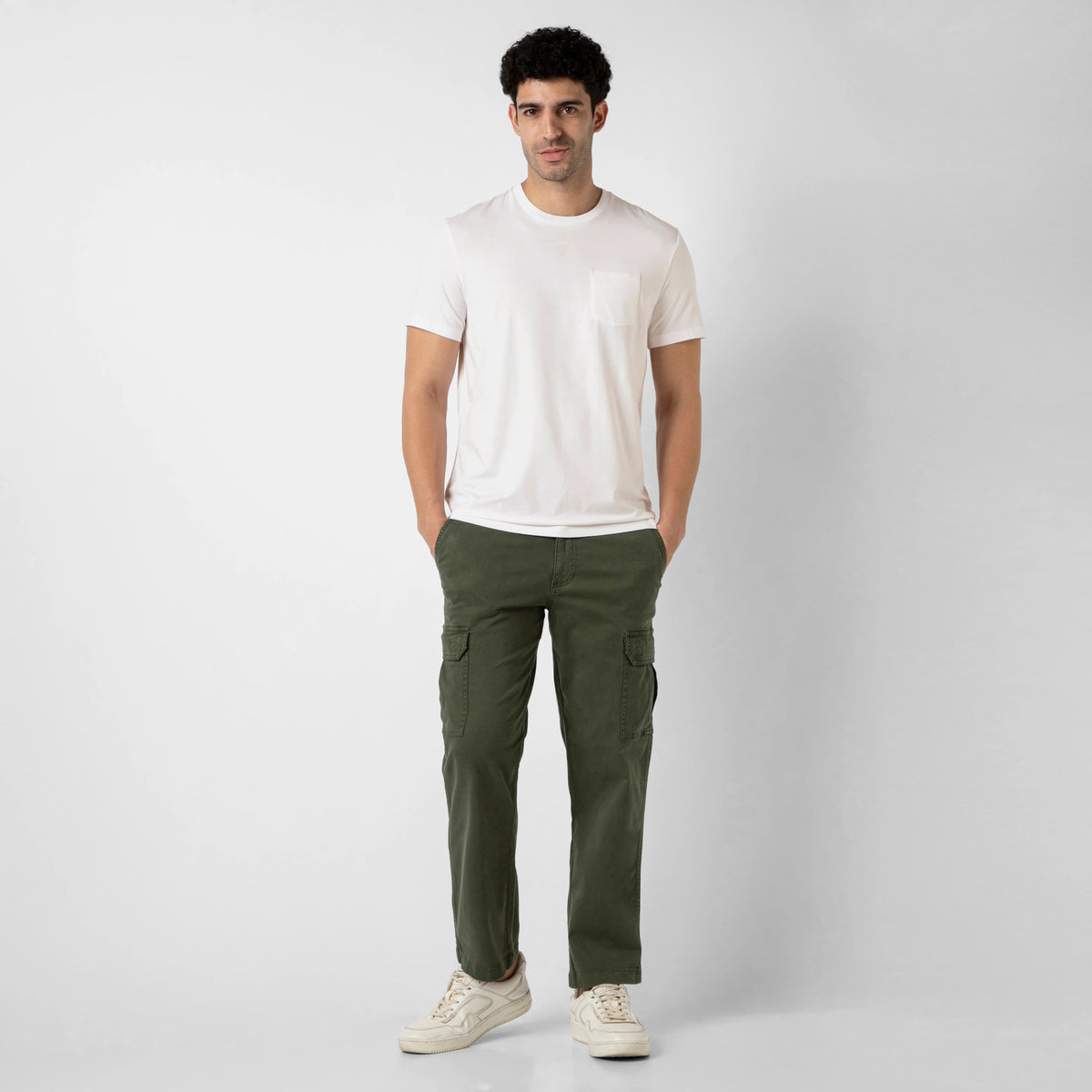 Bamboo Pocket Tee white full body on model