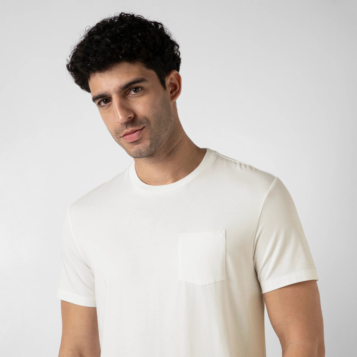 Bamboo Pocket Tee white close up on model