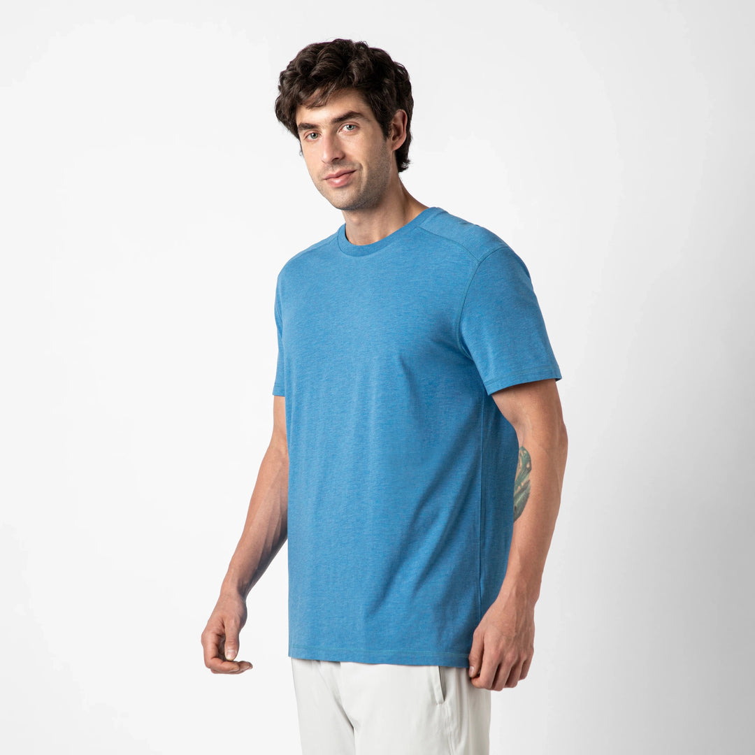 Bamboo Tee Bright Cobalt side on model