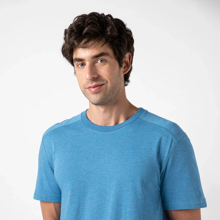 Bamboo Tee Bright Cobalt close up on model