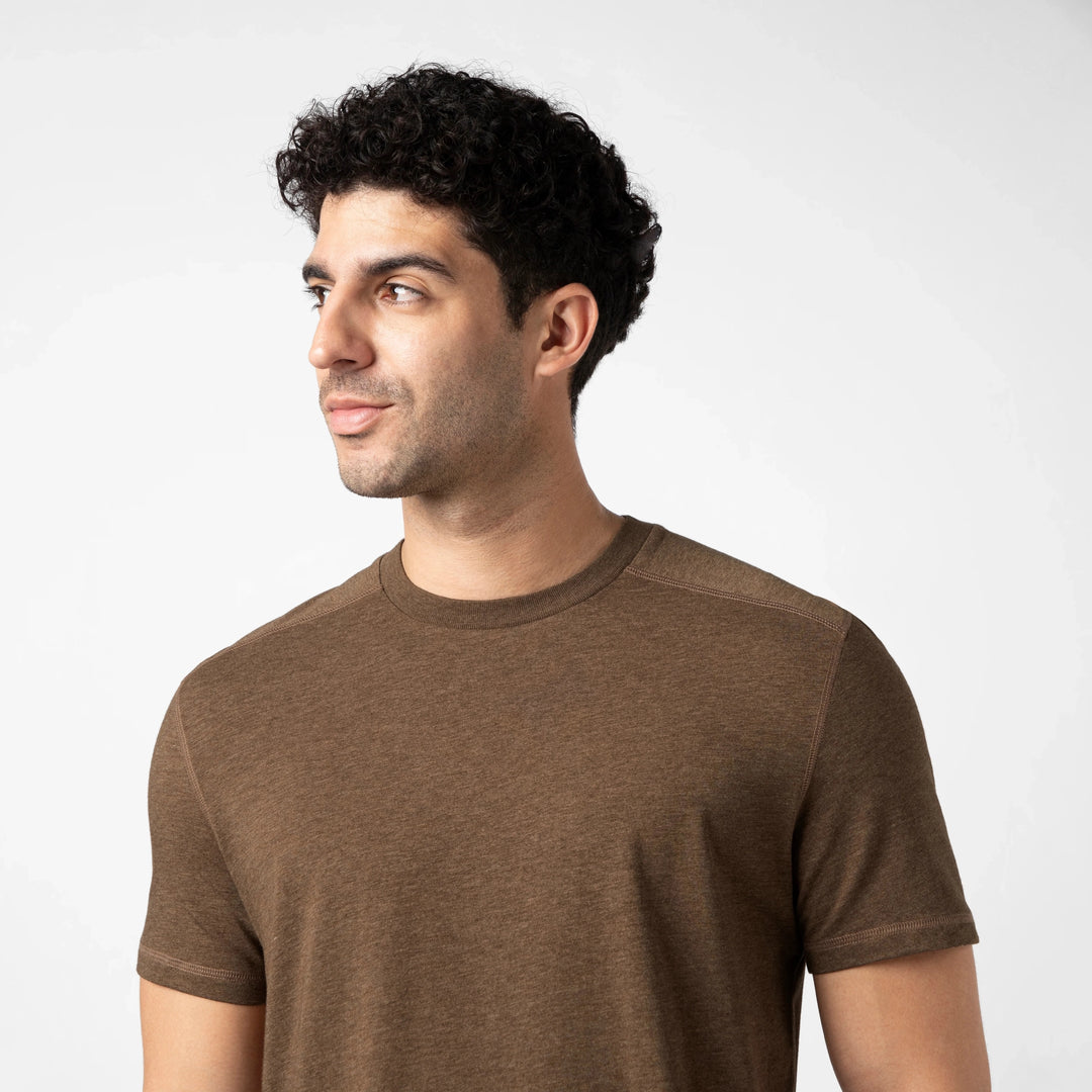 Bamboo Tee Cocoa close up on model