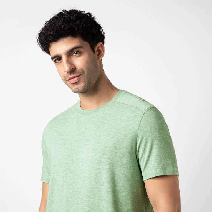 Bamboo Tee Pistachio close up on model
