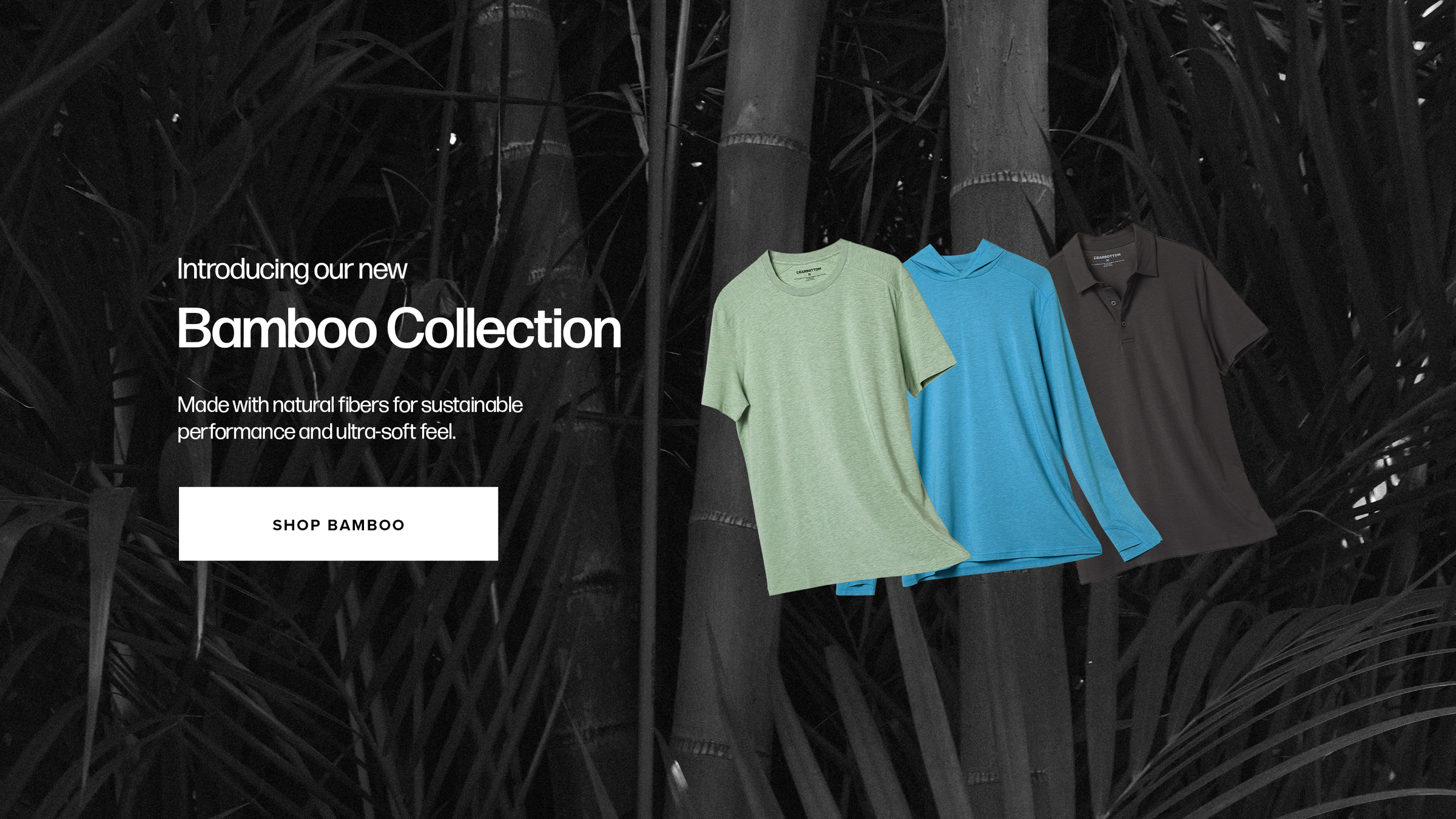 Bamboo Tee in Pistachio, Bamboo Hoodie in Cobalt Blue and Bamboo Polo Charcoal Black on a Bamboo forest backgroud