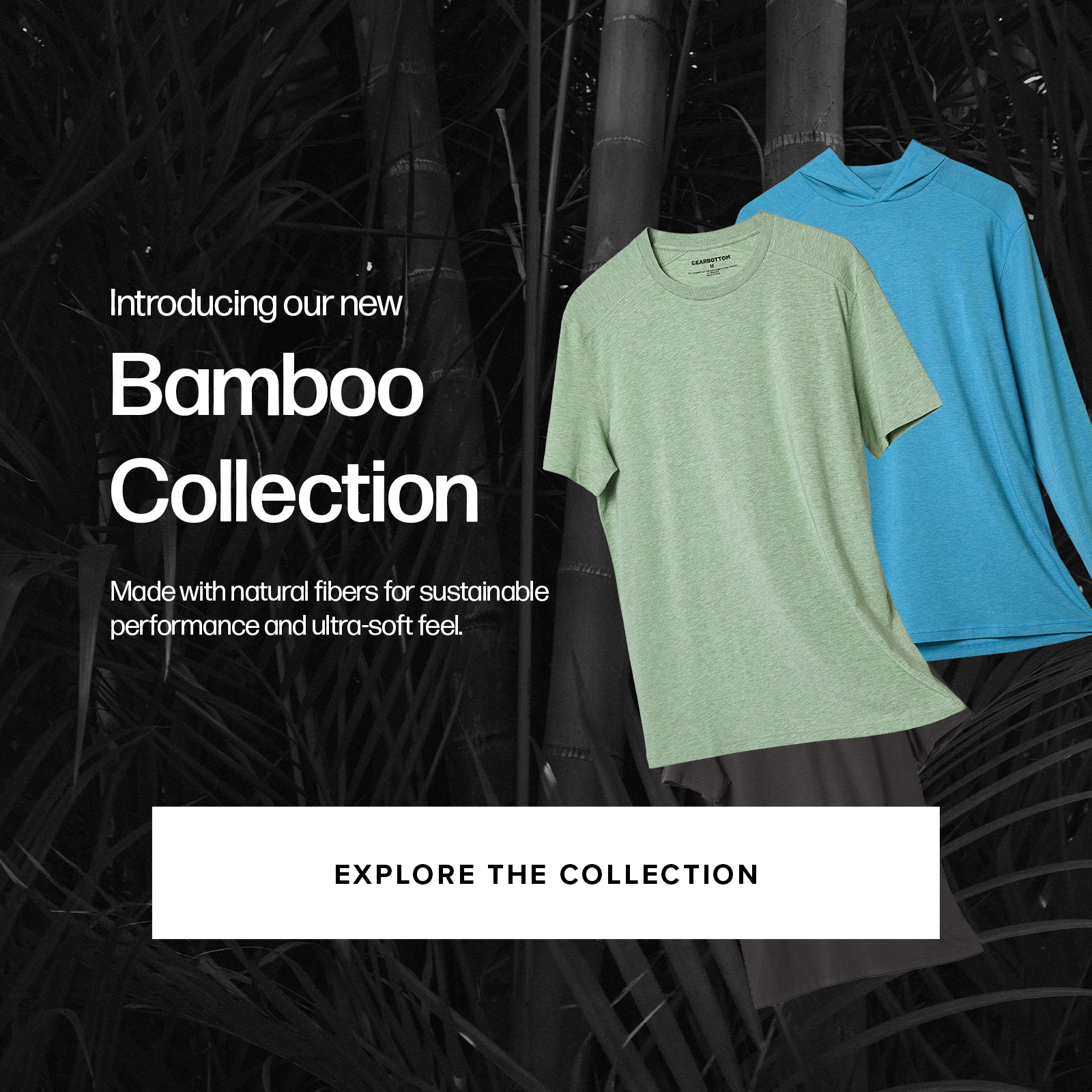 Bamboo Tee in Pistachio and Bamboo Hoodie in Cobalt Blue on a Bamboo Forest background