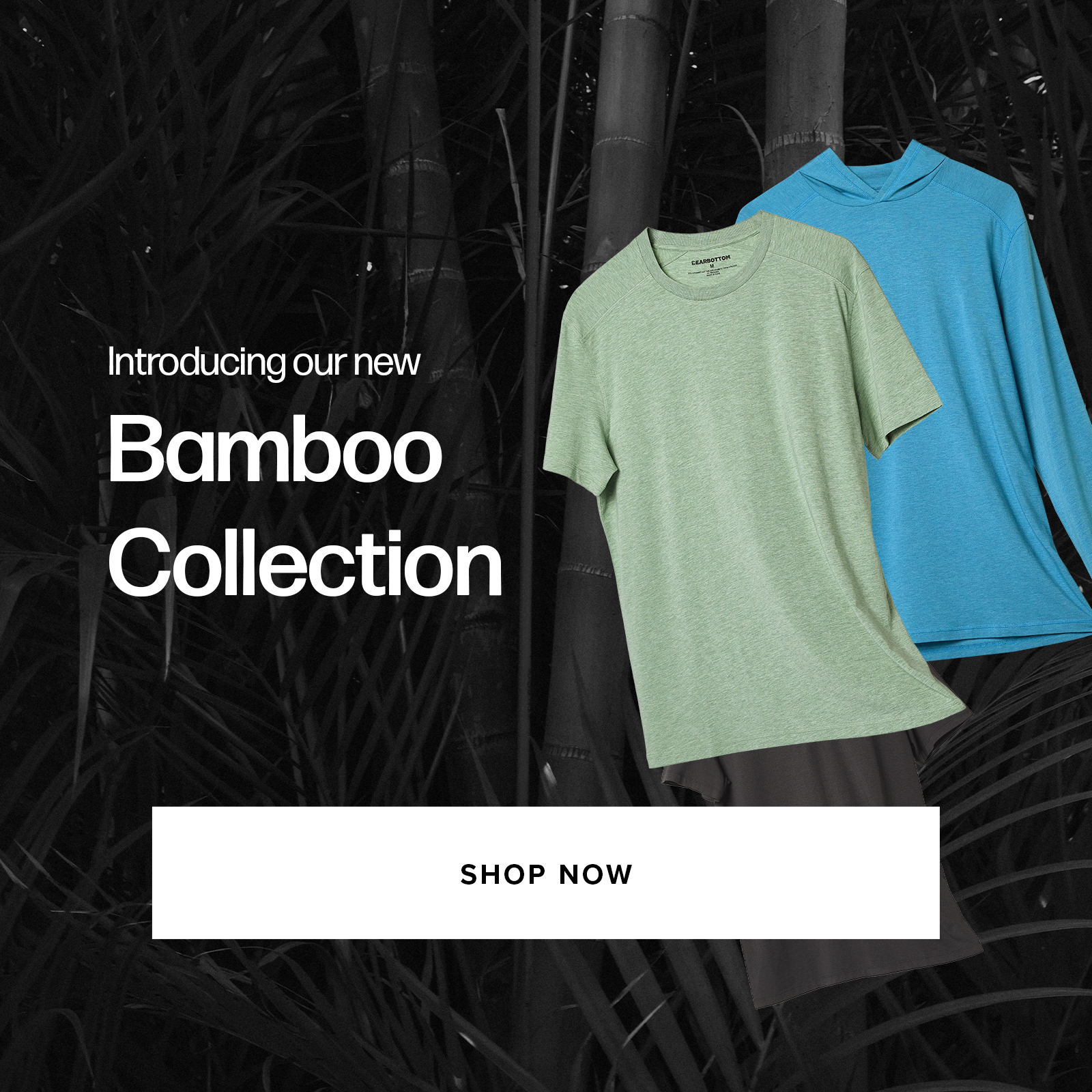 Bamboo Tee in Pistachio and Bamboo Hoodie in Cobalt Blue on a Bamboo Forest background