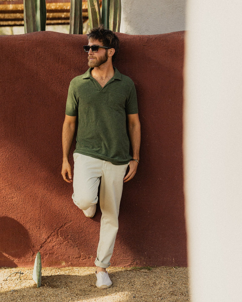 Dark Pine Coastal Terry Polo styled with a chino