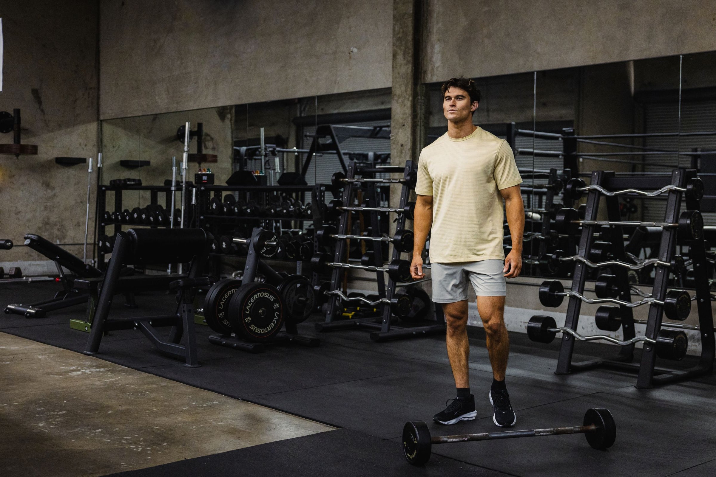 Move without limits. High-performance gear engineered to breathe with you. Shop Now. Man in Stride Tee in Sand Stripe and Drifter Short in Ash Grey.