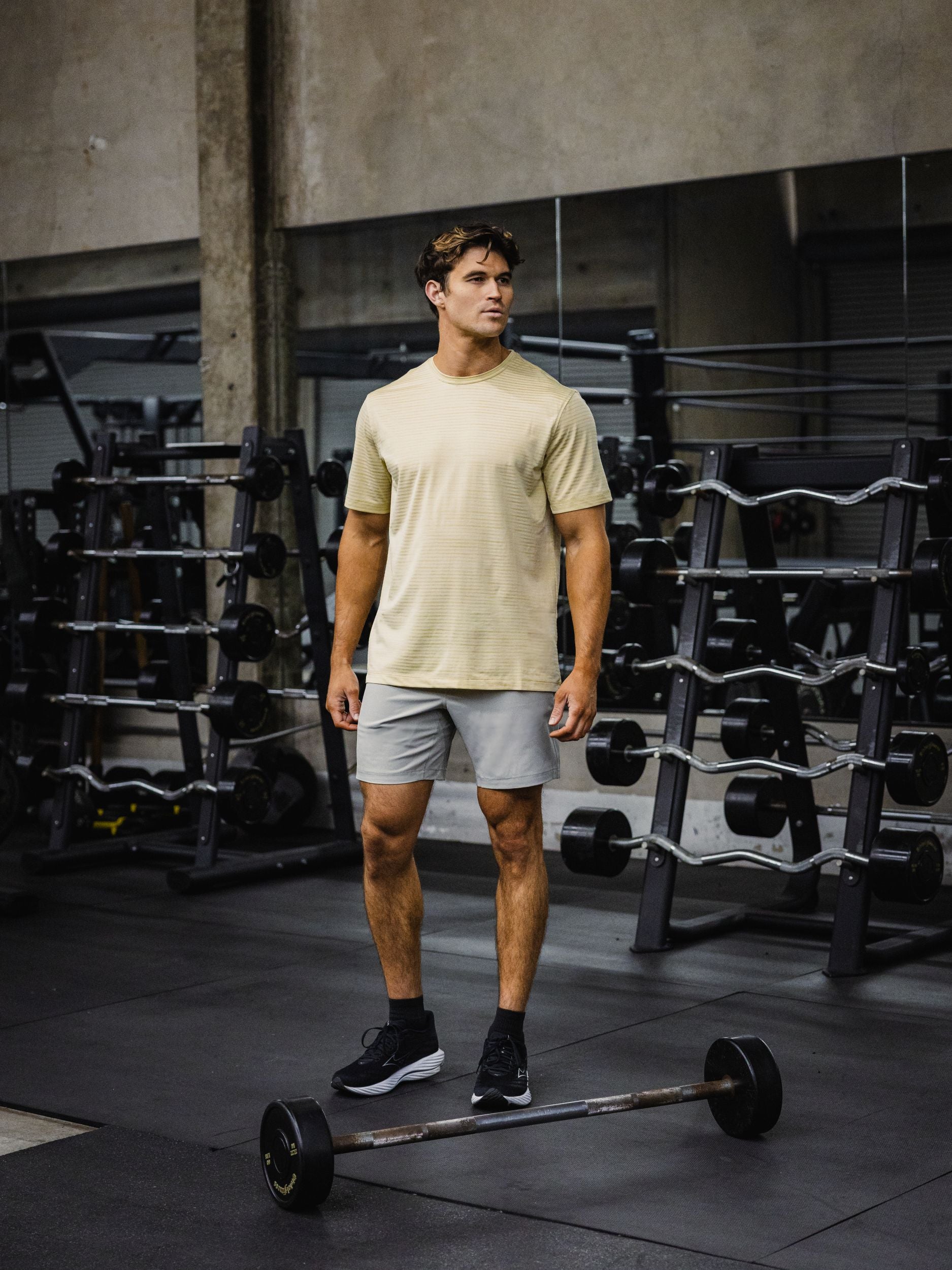 Move without limits. High-performance gear engineered to breathe with you. Shop Now. Man in Stride Tee in Sand Stripe and Drifter Short in Ash Grey.