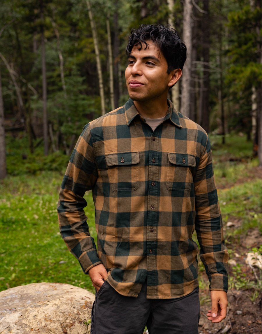 Man wearing an Everday Flannel Shirt in Desert/Fern in a forest setting