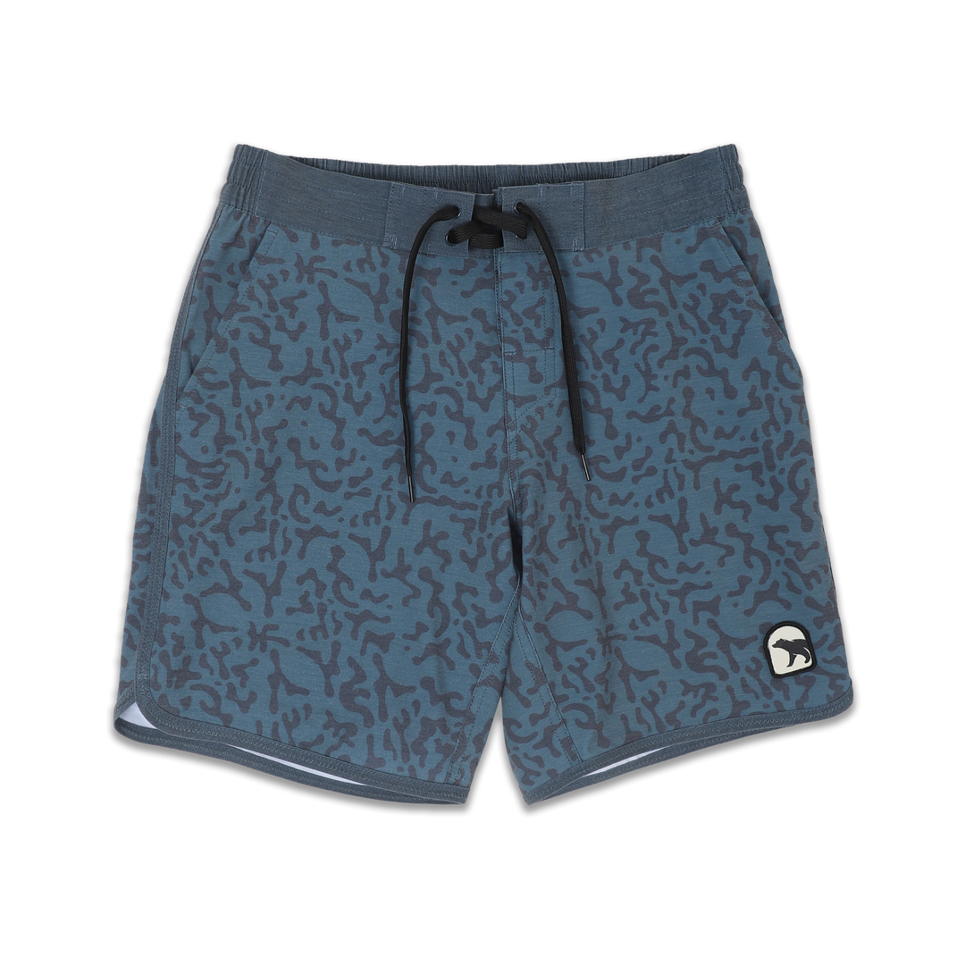 Board Short 8" Marsh print in blue with darker blue marsh pattern with flat front waistband and a black drawstring, elastic back waistband, and patch bear logo on bottom left leg