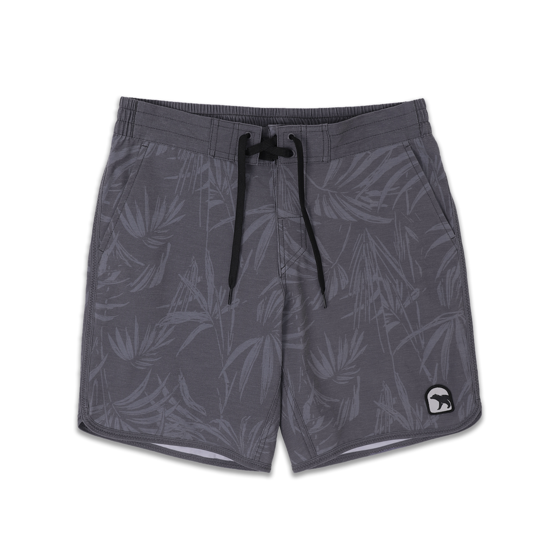 Board Short 8" Palms a grey print with lighter grey palm leaves with flat front waistband and a black drawstring, elastic back waistband, and patch bear logo on bottom left leg