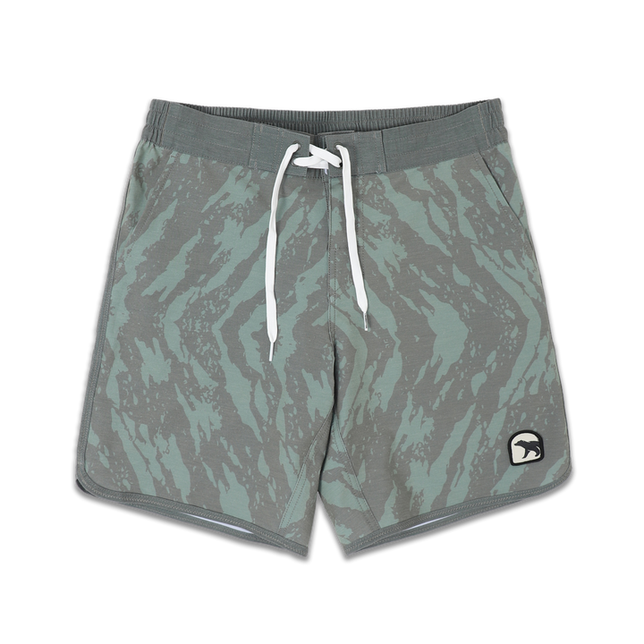 Board Short 8" Trail print in green with darker green splatters with flat front waistband and a white drawstring, elastic back waistband, and patch bear logo on bottom left leg