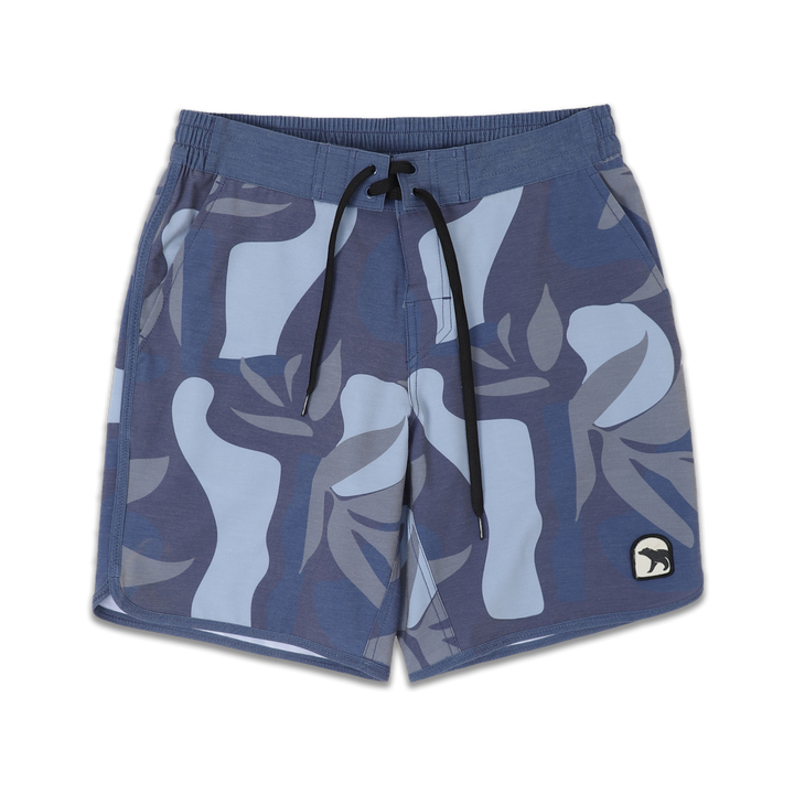 Board Short 8" Tropics print a blue, grey, and light blue large floral and palm print with flat front waistband and a black drawstring, elastic back waistband, and patch bear logo on bottom left leg