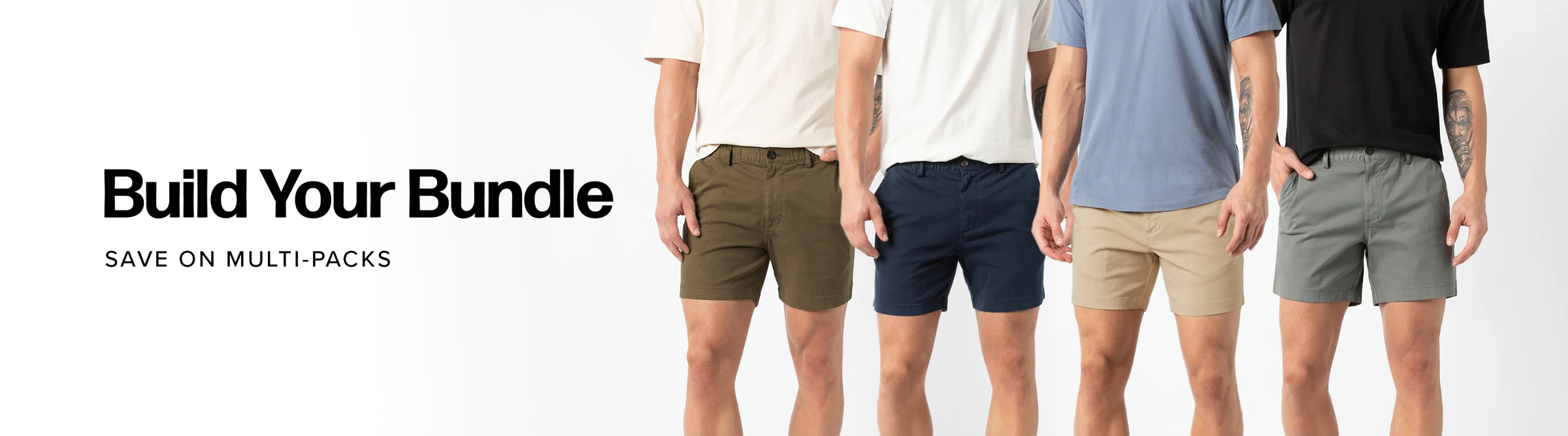 Build Your Bundle. Save on Multi-Packs. Five men wearing stretch shorts in various colors.