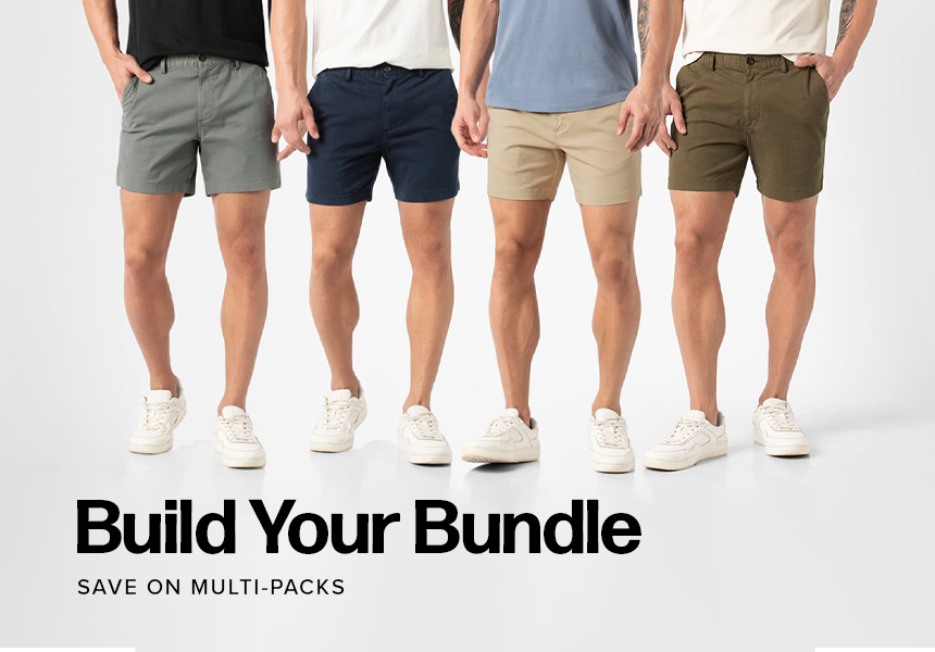 Build Your Bundle. Save on Multi-Packs. Five men wearing stretch shorts in various colors.