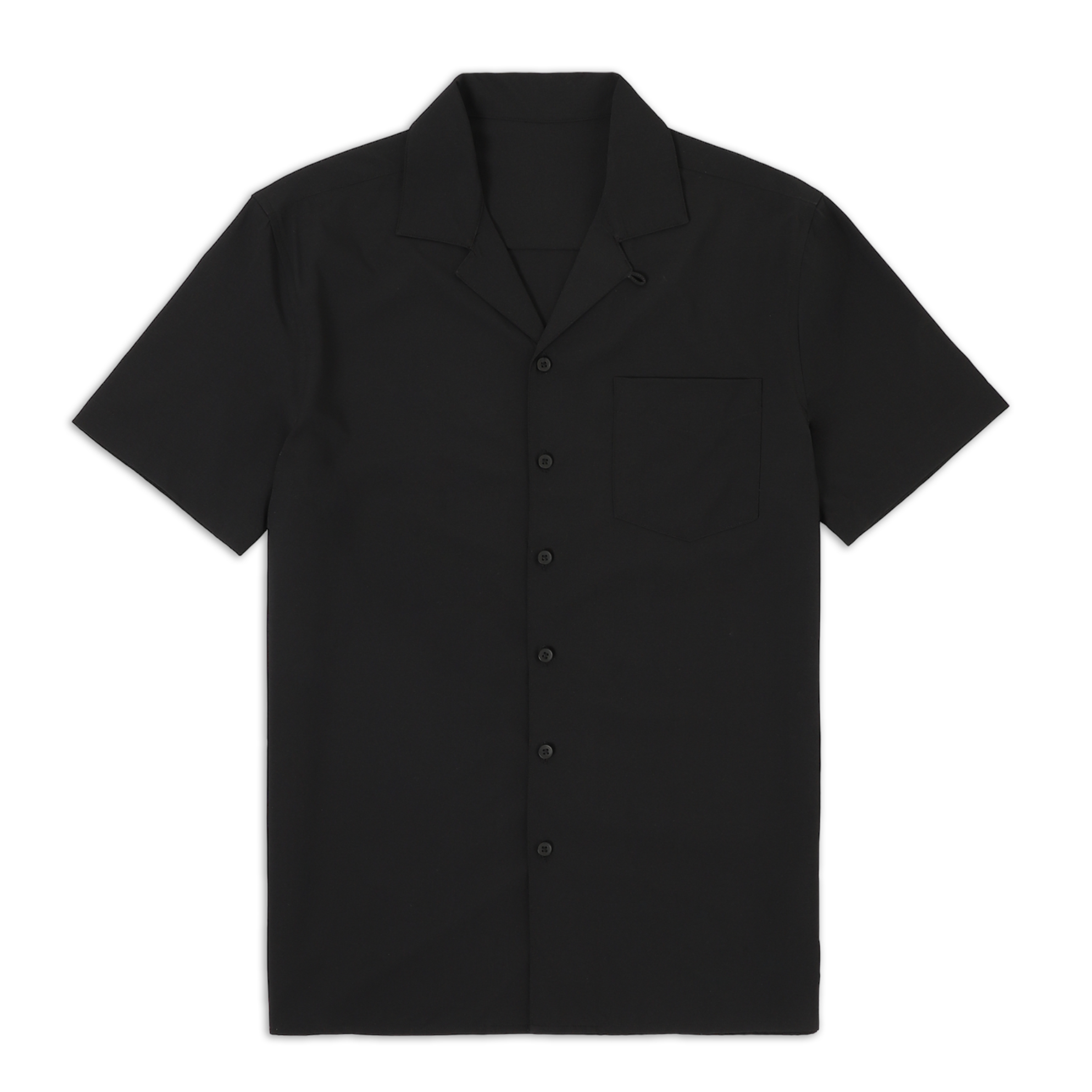 Cabana Camp Collar Shirt Black  front with camp collar, patch pocket on left chest, black buttons, and short sleeves