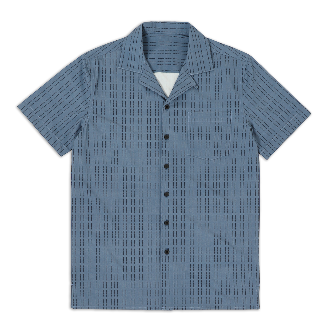 Cabana Camp Collar Shirt Dash Blue  front with camp collar, patch pocket on left chest, black buttons, and short sleeves