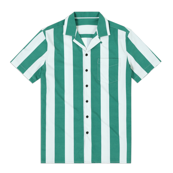 Cabana Camp Collar Shirt Green Stripe   front with camp collar, patch pocket on left chest, black buttons, and short sleeves