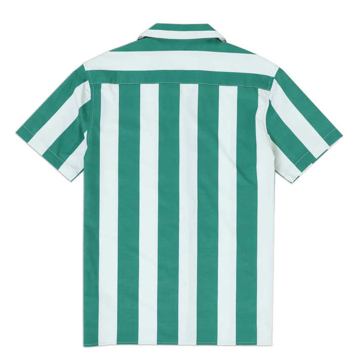 Cabana Camp Collar Green Stripe Back with camp collar and short sleeves