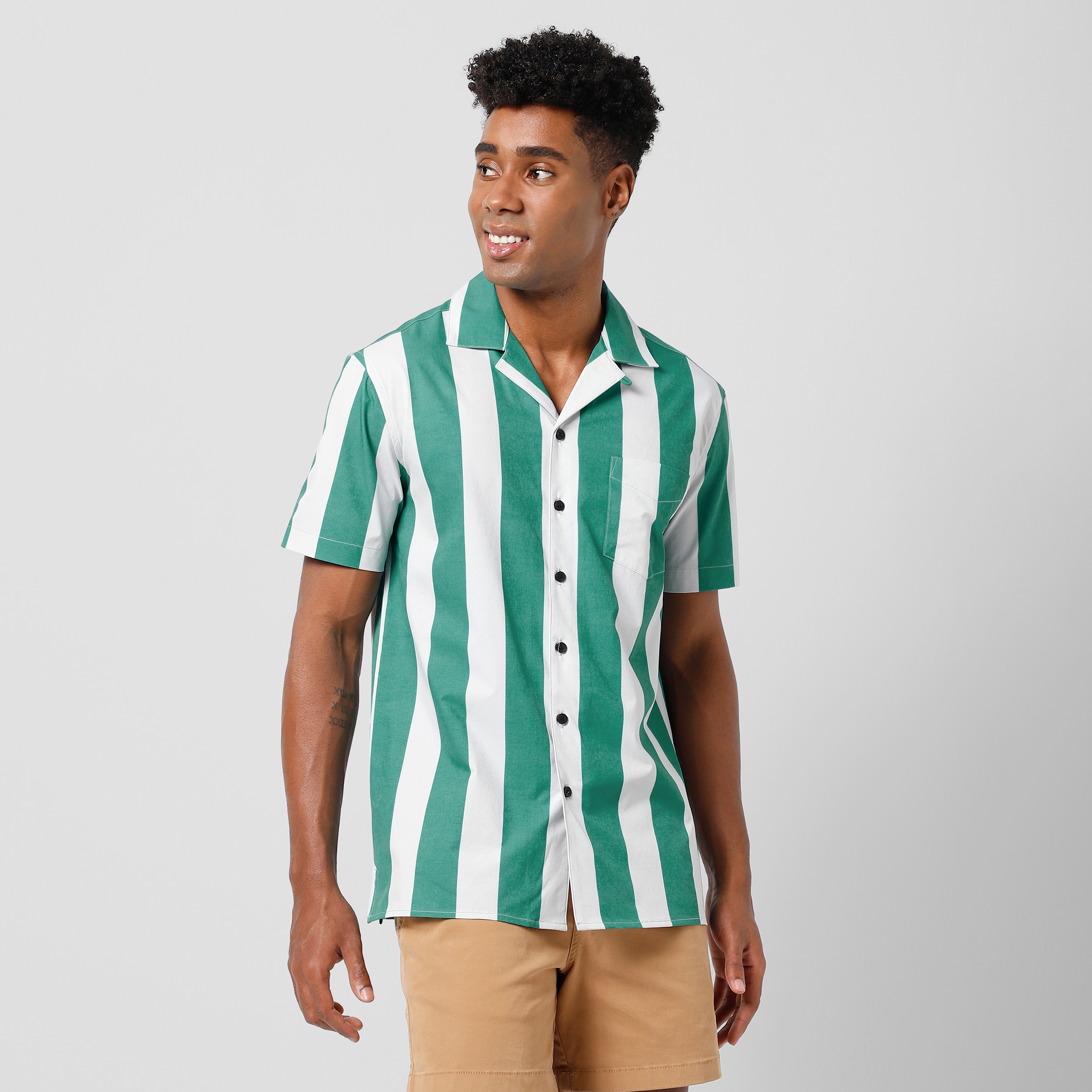 Cabana Camp Collar Shirt Green Stripe left side on model