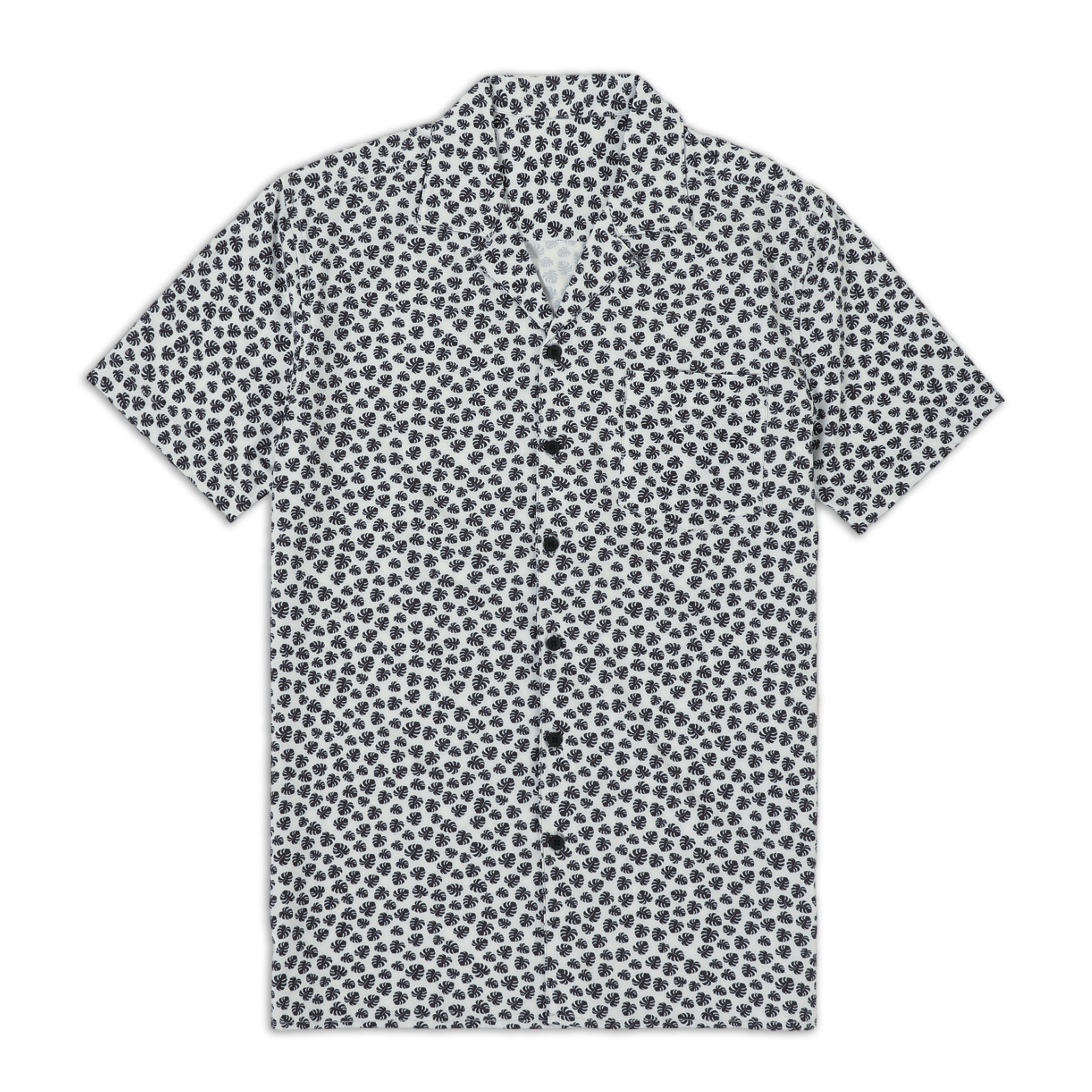 Cabana Camp Collar Shirt Monstera  front with camp collar, patch pocket on left chest, black buttons, and short sleeves