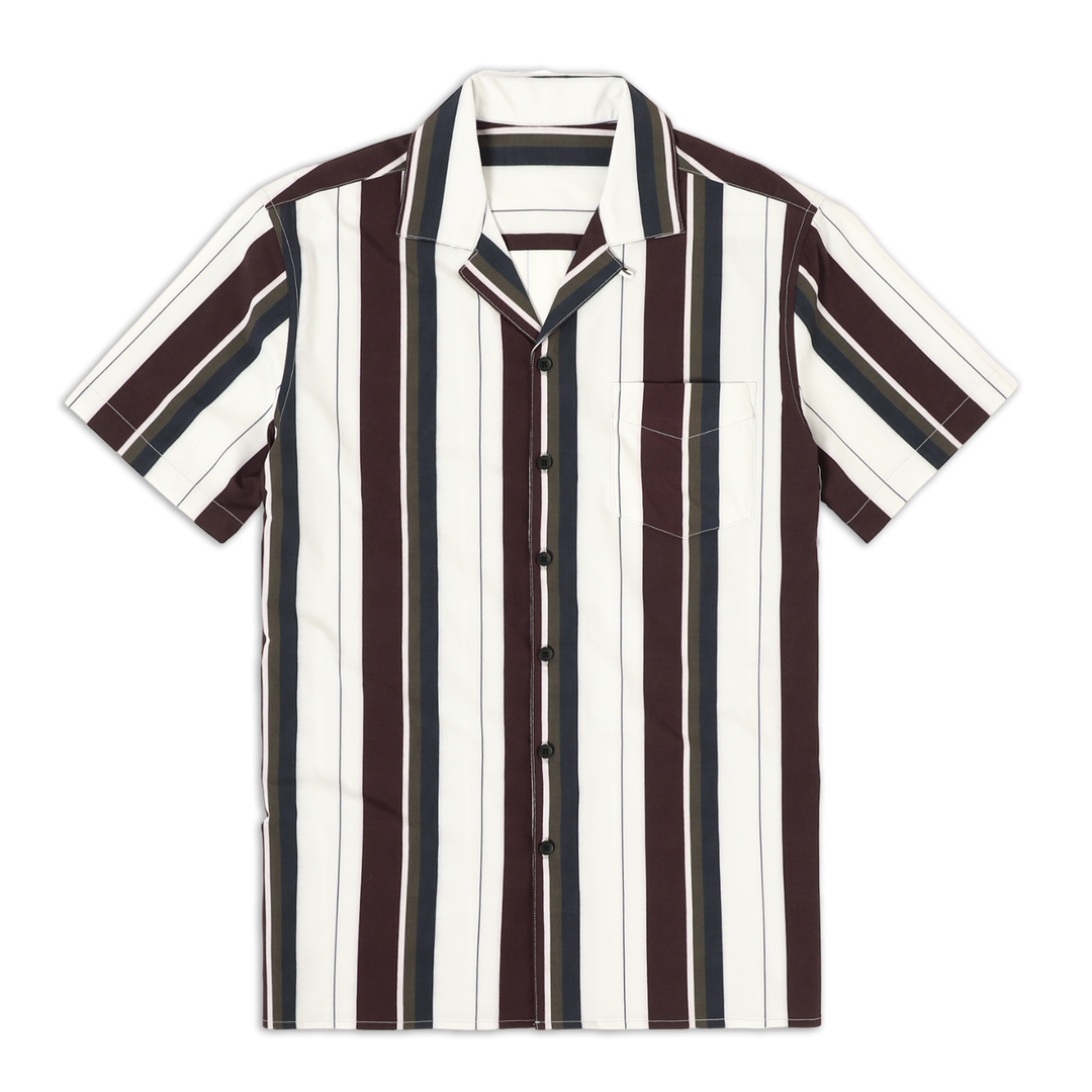 Cabana Camp Collar Shirt Vintage Stripe  front with camp collar, patch pocket on left chest, black buttons, and short sleeves