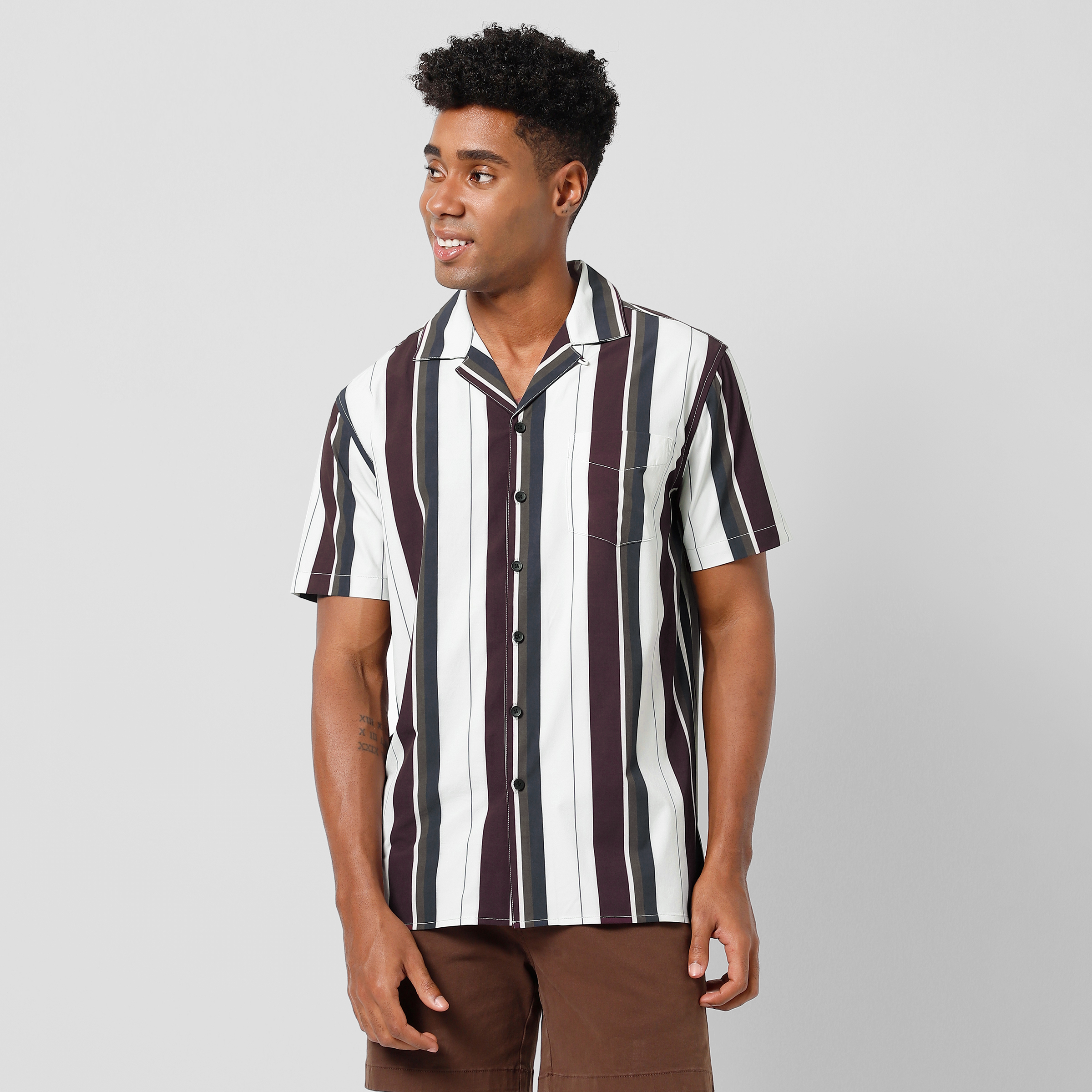 Cabana Camp Collar Shirt Vintage Stripe front on model