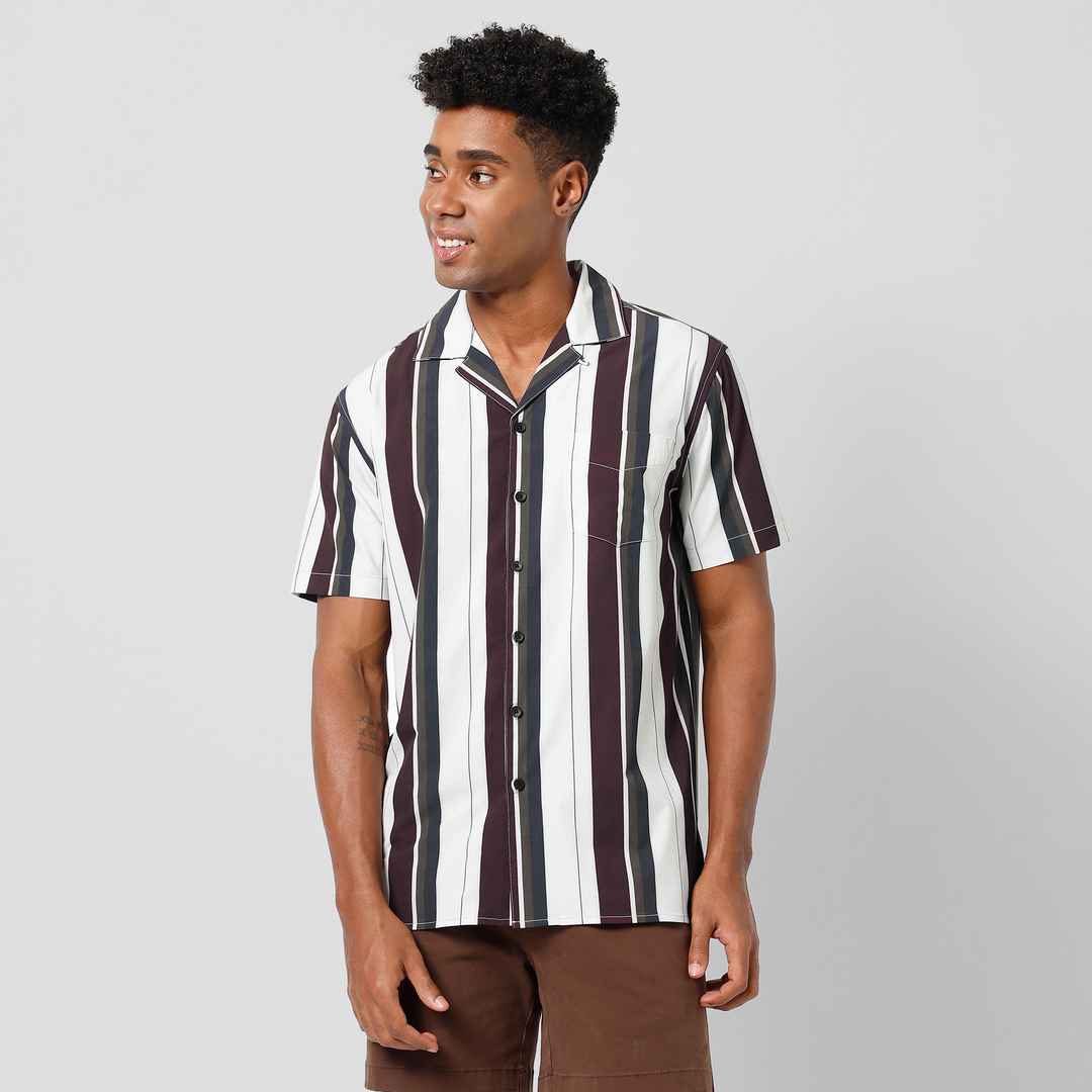 Cabana Camp Collar Shirt Vintage Stripe front on model