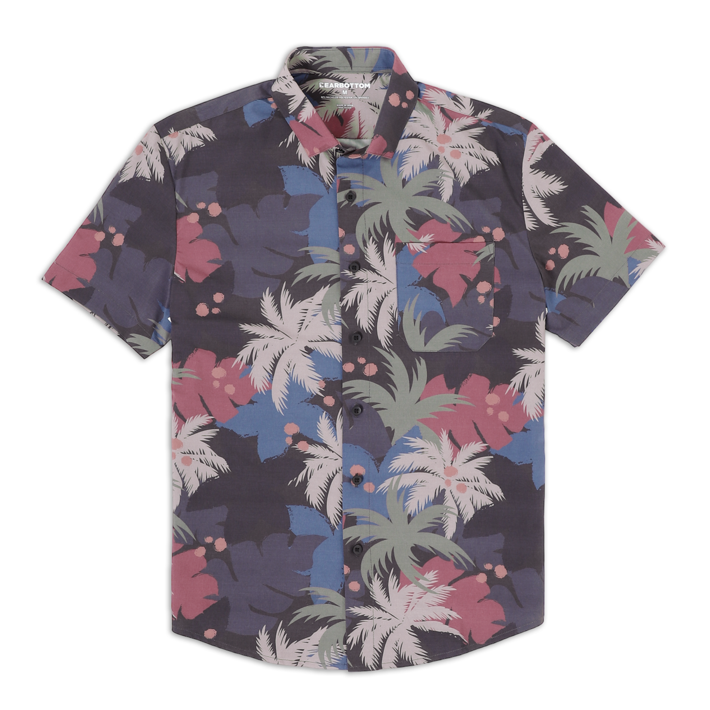 Cabana Shirt Coco front with grey, blue, pink, and off white solid colored palm fronds print on a short sleeve button down collared shirt with a front left patch pocket