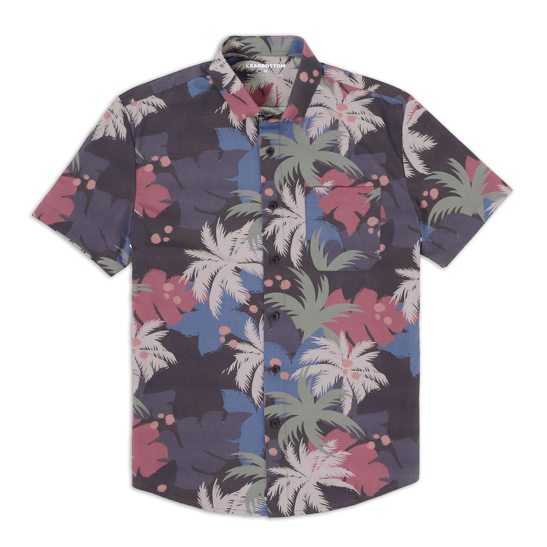 Cabana Shirt Coco front with grey, blue, pink, and off white solid colored palm fronds print on a short sleeve button down collared shirt with a front left patch pocket