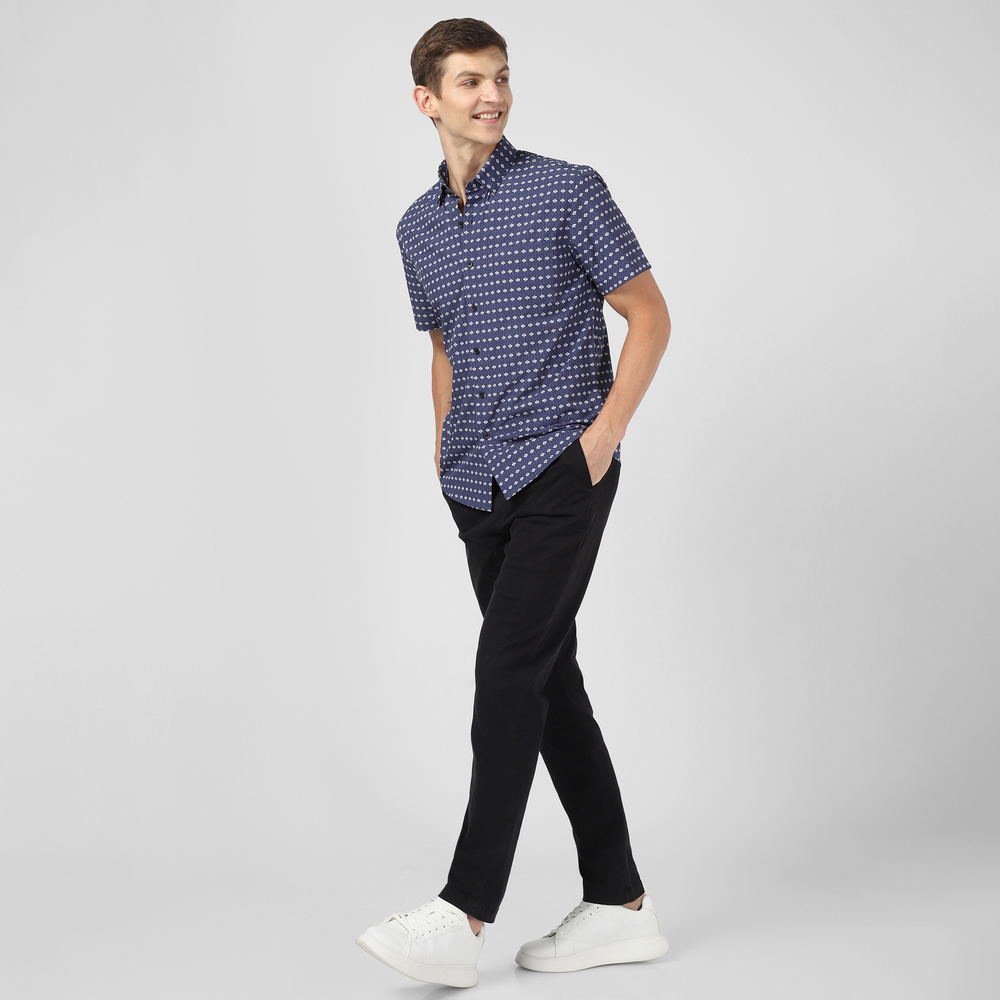 Cabana Shirt Mosaic on model worn with Stretch Chino Pant Black