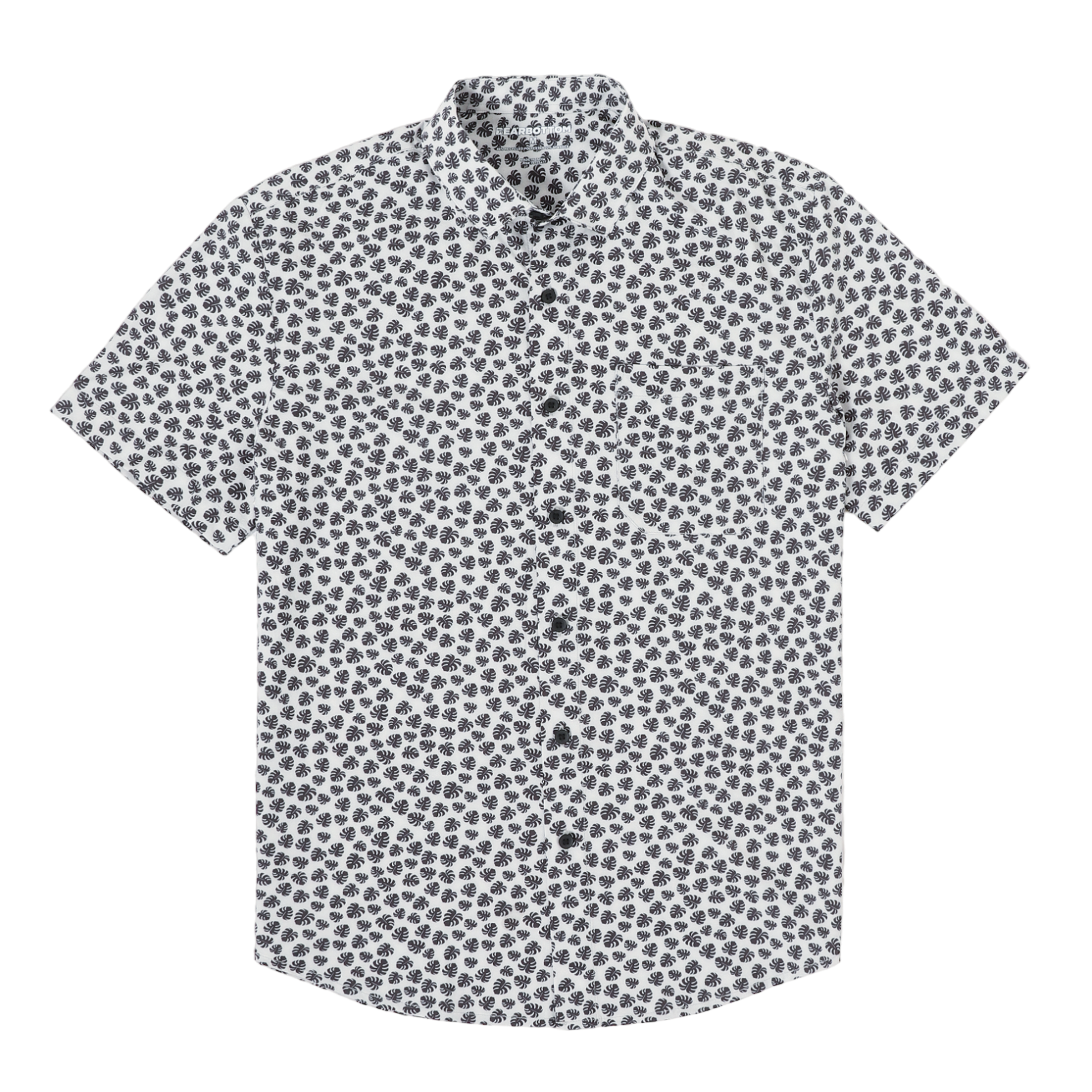 Cabana Shirt Monstera front a white print with small black monstera leaves on a short sleeve button down collared shirt with a front left patch pocket