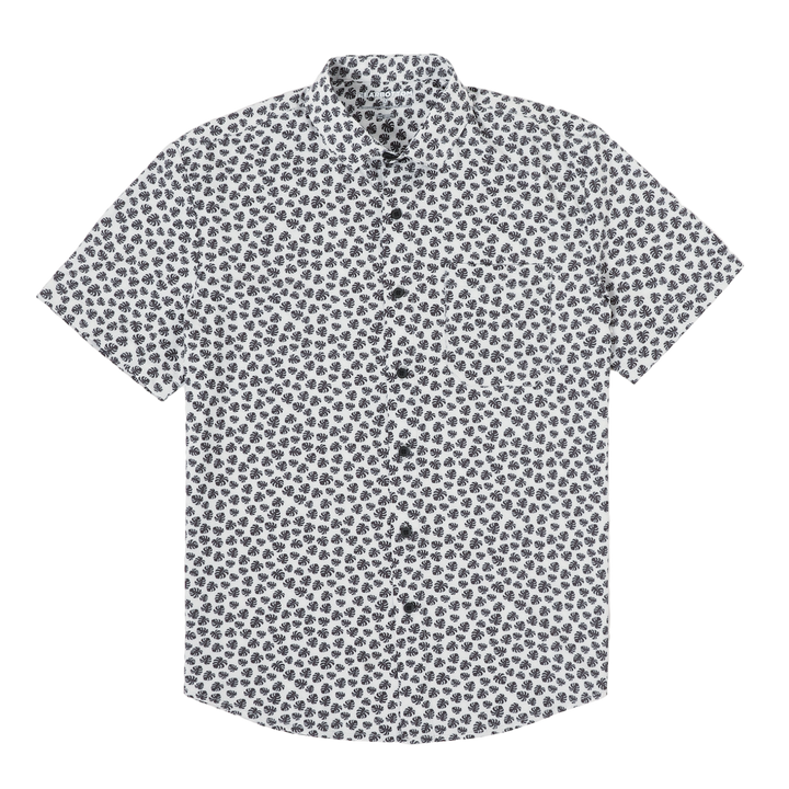 Cabana Shirt Monstera front a white print with small black monstera leaves on a short sleeve button down collared shirt with a front left patch pocket