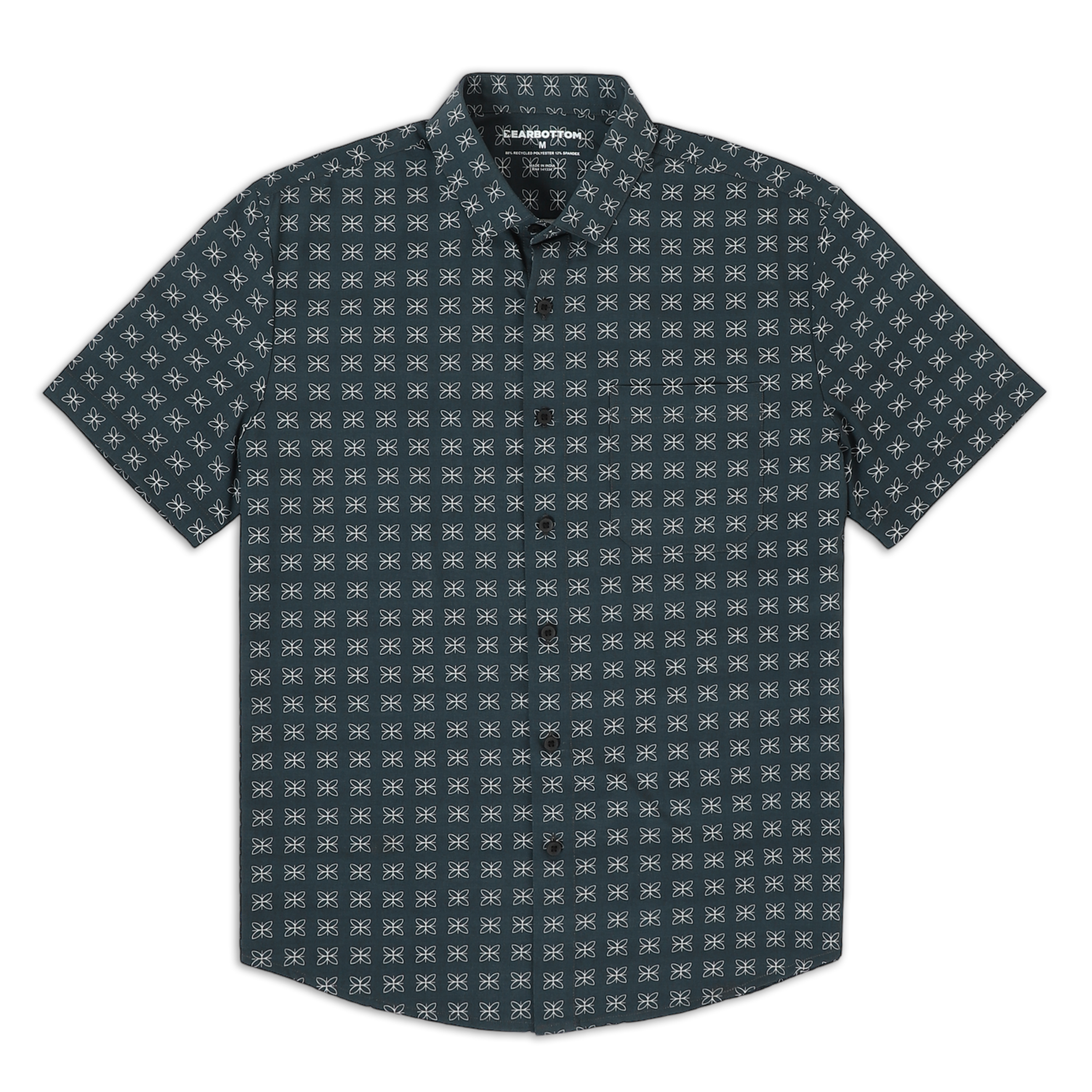 Cabana Shirt Mosaic front a dark grey print with white small mosaic pattern on a short sleeve button down collared shirt with a front left patch pocket